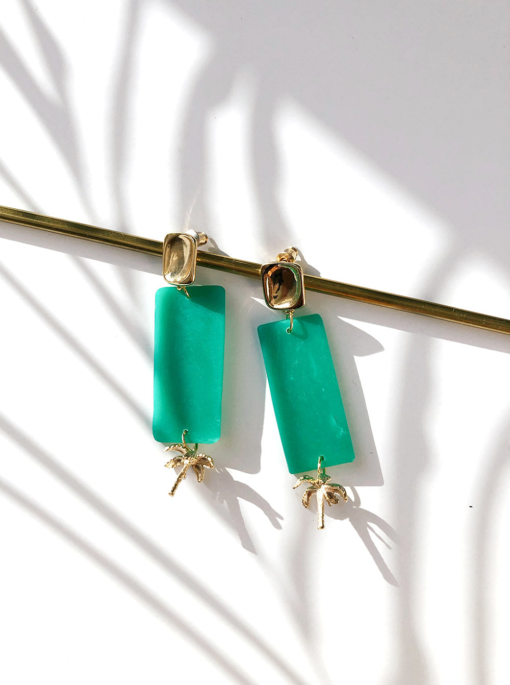  flat lay jade green Polymer clay handmade earrings with gold plated silver earring post and palm tree pendant 