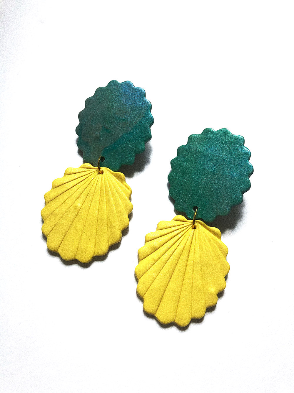 yellow matte and shimmery teal polymer clay earrings sea shell shape