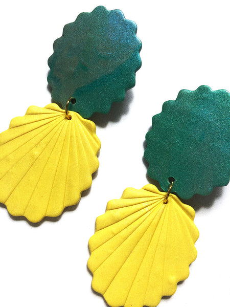 yellow matte and shimmery teal polymer clay earrings sea shell shape
